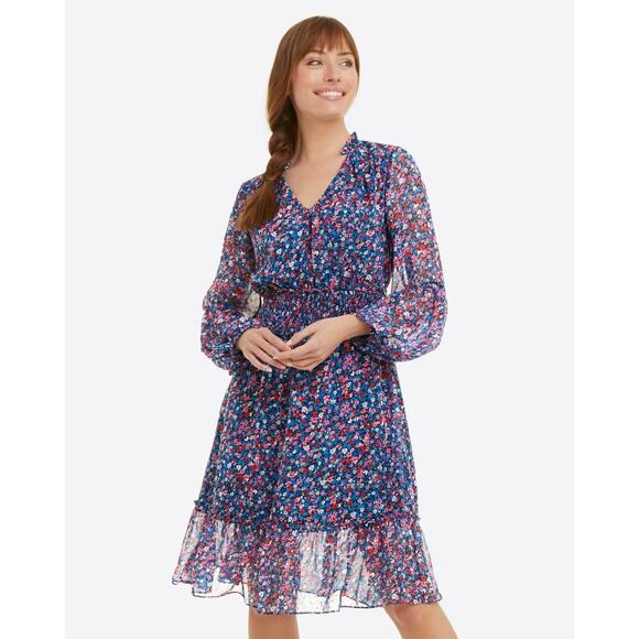 Draper James Dresses & Skirts - Draper James Blue Spring Ditsy Floral V-Neck Smocked Waist Shirtdress Size S